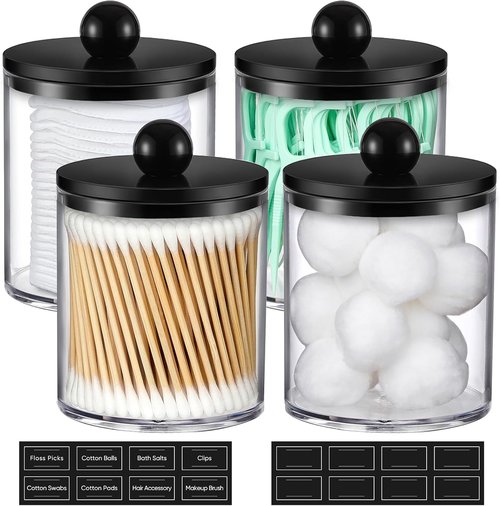 Clear & Black Acrylic Qtip Holder Dispenser | 4 Pack Cotton Swab Storage Canisters - Bathroom Essentials
