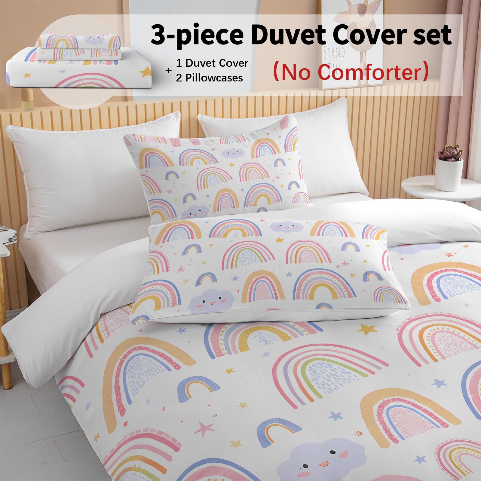 BEDMUST Rainbow Full Duvet Cover Set for Girls Pink and Yellow Rainbow Star Duvet Cover 3 Piece with 2 Pillow Shams(1 Duvet Cover and 2 Pillow Shams)