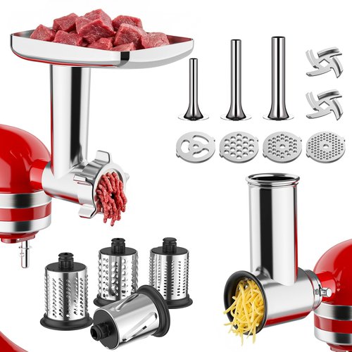Meat Grinder & Stainless Steel Slicer Shredder Attachment for KitchenAid Stand Mixer, Meat Grinder Attachment with Sausage Stuffing Set and Cheese Grater, For KitchenAid Mixer Attachments