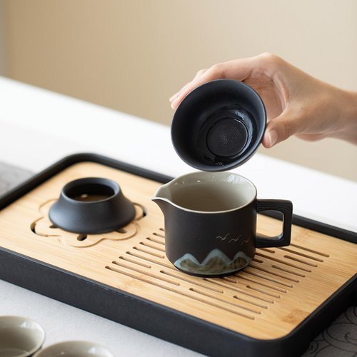 Simeiton Chinese Gongfu Tea Set, 15-Piece Ceramic Tea Service with Teapot, 6 Cups, Storage Jar, Tea Tray, Black and Teal Mountain Design with Gray Travel Case