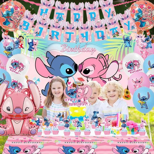 Pink Cartoon Theme Birthday Party Supplies Decorations, Including Birthday Banner, Tablecloth, Backdrop, Hanging Swirls, Balloons, Cake Toppers for kawaii Party