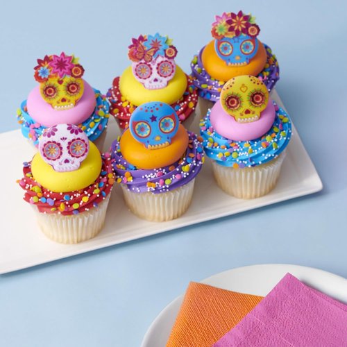 DecoPac Calavera Mask Cupcake Toppers - 24 Día de los Muertos Skull Rings for Celebrations & Parties