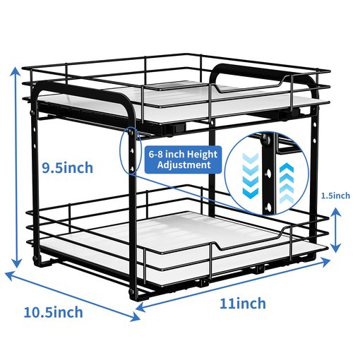 BOIVSHI 2-Tier Spice Rack Organizer, Pull Out Spice Rack for Cabinet, Height Adjustable Heavy Duty Metal Basket for Inside Cabinet & Pantry (11.5''Wx10.5''Dx9.5''H)