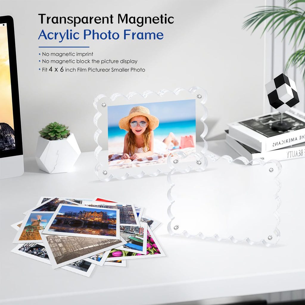 Novacrylion Scalloped Magnetic Picture Frame 4x6 Inch - 2Pack Clear Acrylic Photo Frame, 20mm Thick Double-Sided Magnet Design, Trendy Desktop Display for Home/Office Decor (2 Pack, 4X6)