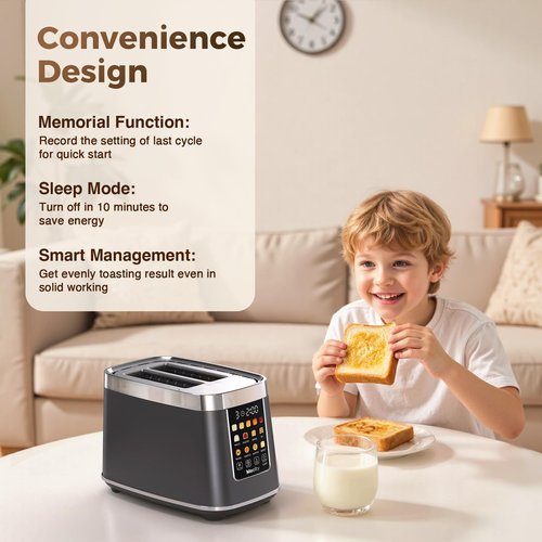 Mecity 2 Slice Toaster with Touch Screen & Auto Lift, Stainless Steel Cool-Touch Toaster with 8 Bread Settings, 5 Shade Levels, 1200W High Power, Keep Warm & Reheat Function, Metallic Grey, 120V