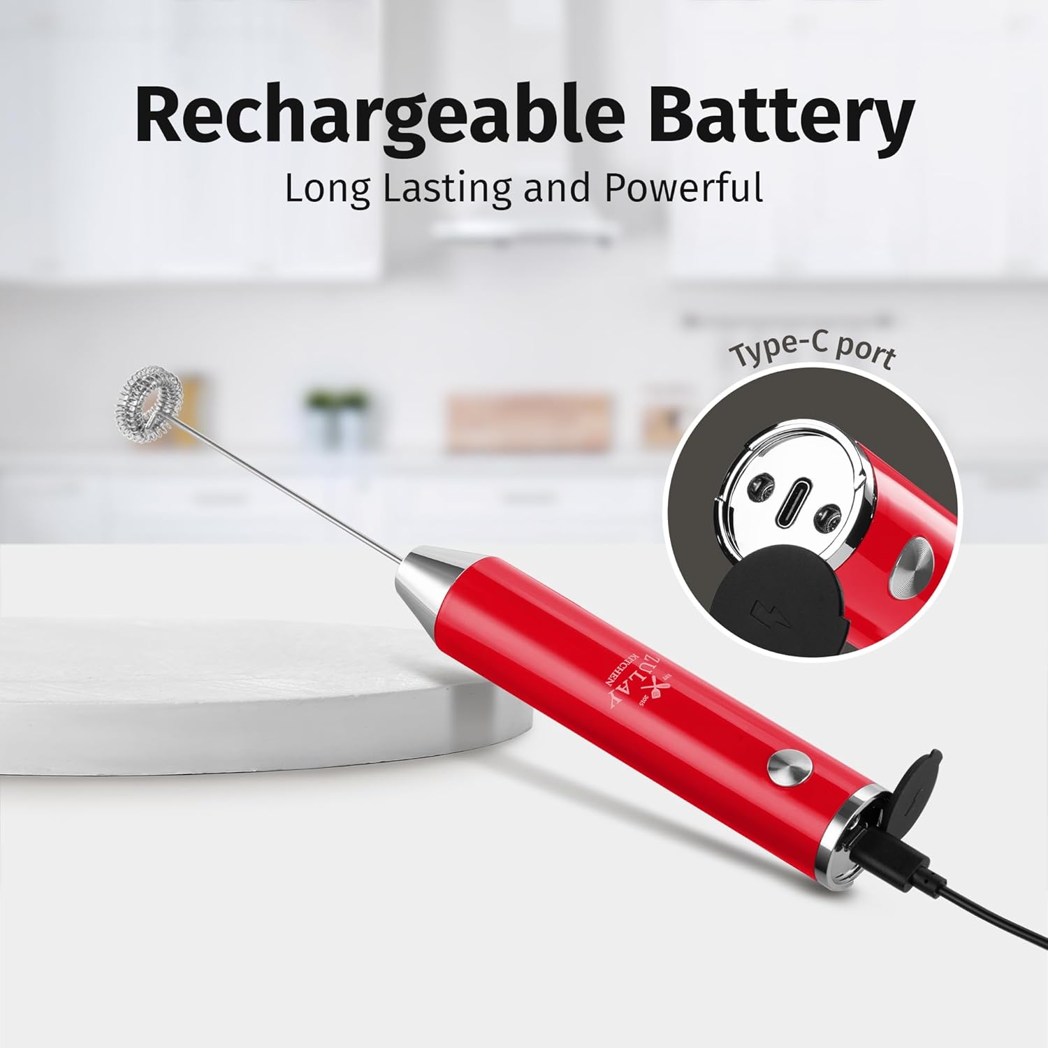 Zulay Kitchen Rechargeable Milk Frother Handheld Lux - Powerful 2-Speed Motor, Waterproof, 2000mAh Battery - Drink Mixer for Latte, Cappuccino, Matcha & Protein Powder - Scarlet