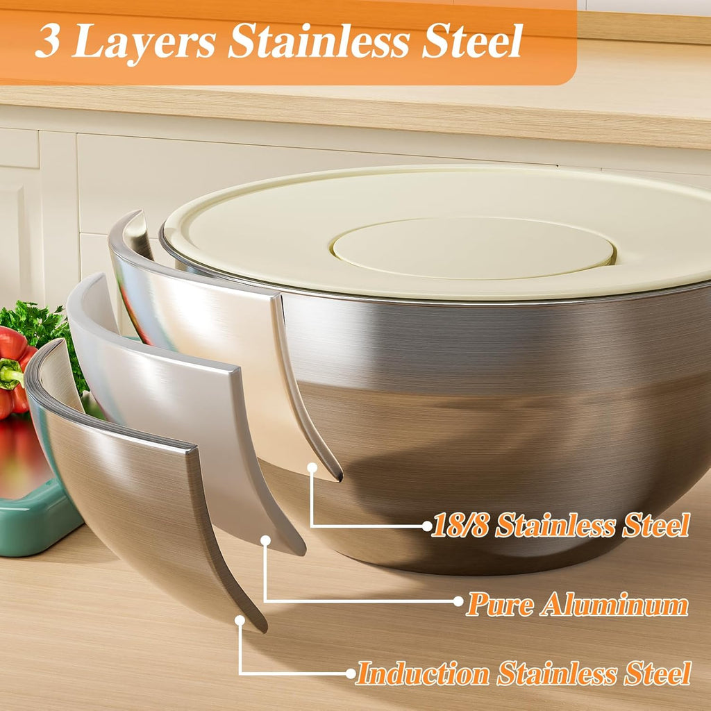 Stainless Steel Mixing Bowls Set by [Brand Name] - 6 PCS with Lids & 3 Grater Attachments | Large Nesting Sizes 4.5QT to 0.7QT