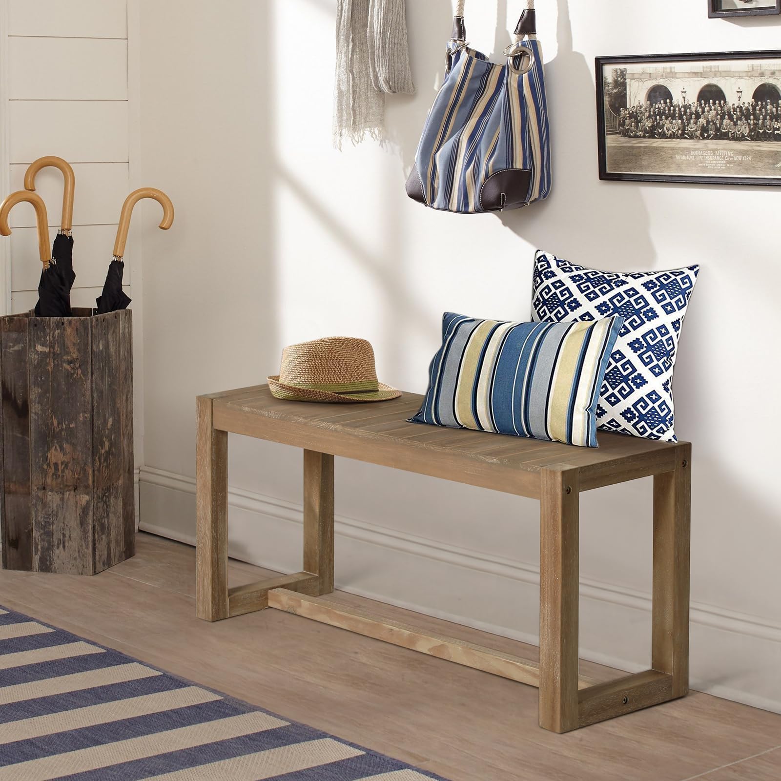 Wnutrees Farmhouse Solid Wood Bench, 31" Line Pattern Splicing Entryway Bench, Narrow Bench Seat for Living Room, Dining Room, Bathroom, Indoors, Natural