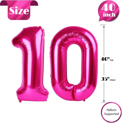 Hot Pink Number 10 Balloons - 40 Inch 10th Birthday Decorations for Girls | Perfect Party Supplies