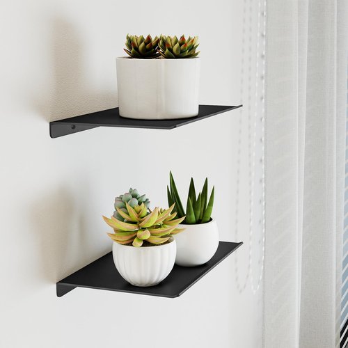 MKO 8" Small Floating Shelves for Wall, Metal Wall Mounted Shelf for Bathroom, Bedroom, Living Room, Kitchen, Little Mini Tiny Display Hanging Shelves for Books/Storage/Room Decor 2 Packs, Black