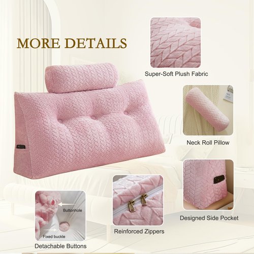 YOUR MOON Wedge Headboard Pillow Twin with 1 Pack Neck Roll Pillow, Triangular Wedge Backrest Pillows Headboard for Bed,Daybed,and Lounging, Large Bed Bolster Pillows,Pink