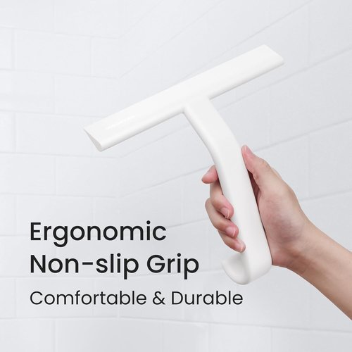 Dancemoon JustHang Shower Squeegee - Award-Winning Silicone Tool with Built-In Hook | 10-Inch White for Streak-Free Cleaning