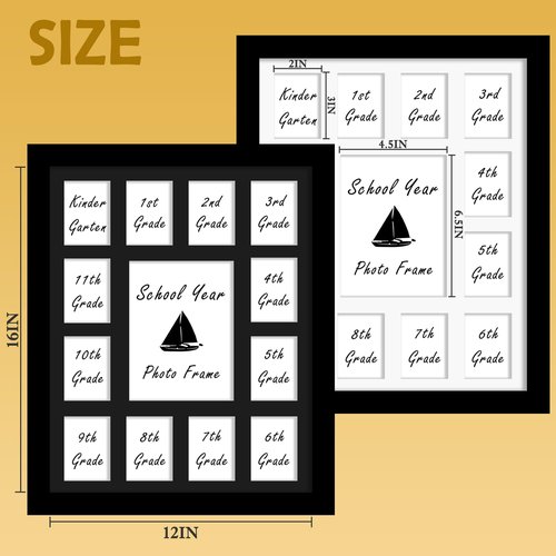 DUENPY 12x16 School Year Picture Frame K-12 Displays One 5x7 Photo and Twelve 2.5x3.5 Pictures Graduation Photo Collage Wall Hanging Collage School Picture Frame Black