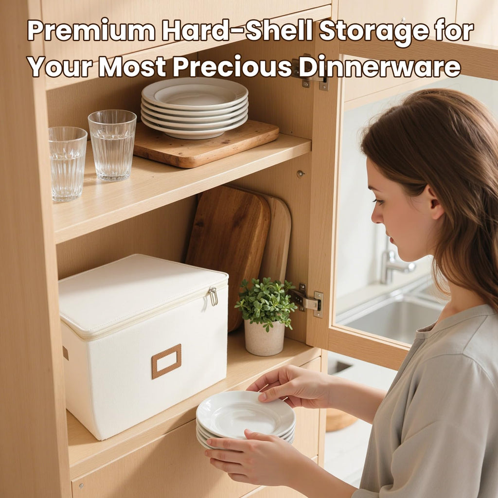 HOMELUX THEORY Hard Shell China Storage Containers, 5pc Ivory Mug & Plate Storage Box, Kitchen Storage Bins With Lids, Heavy Duty Moving Box with Handles for Dishes, Glassware, Stemware, Cup & Mug