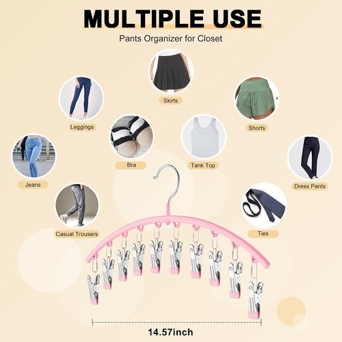 Metal Yoga Pants Hangers - Space-Saving Closet Organizer with 10 Clips | Rubber Coated, Pink