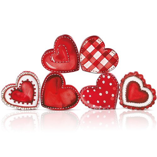 Cinnvoice 6 Pack Valentine's Day Wood Heart Sign Heart Tiered Tray Decor Wooden Valentines Decorations Red Pink Blocks for Table Weeding Anniversary Party(Classic)