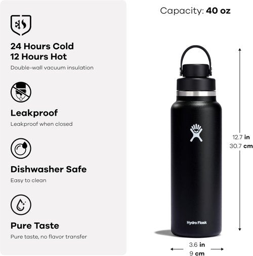 Hydro Flask Water Bottle - Insulated Stainless Steel - Wide Mouth Chug Lid, Non Spill, Leakproof in 40 Oz Tonal Birch Gray