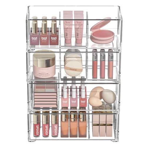 Stackable Storage Drawers Clear Plastic Storage Bins Bathroom Drawer Organizer Medicine Cabinet Organizer Makeup Organizers w Removable Divider Home Workspace Office Desktop Vanity Gift Idea 4Pack