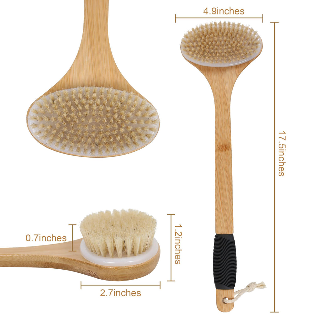 OWIIZI Back Scrub Brush for Shower,Stiff Boar Bristles Bamboo Curved Long Handle Antiskid Body Bath Brush for Back Use Wet or Dry,Deep Cleanse Large Surface Back Scrubber