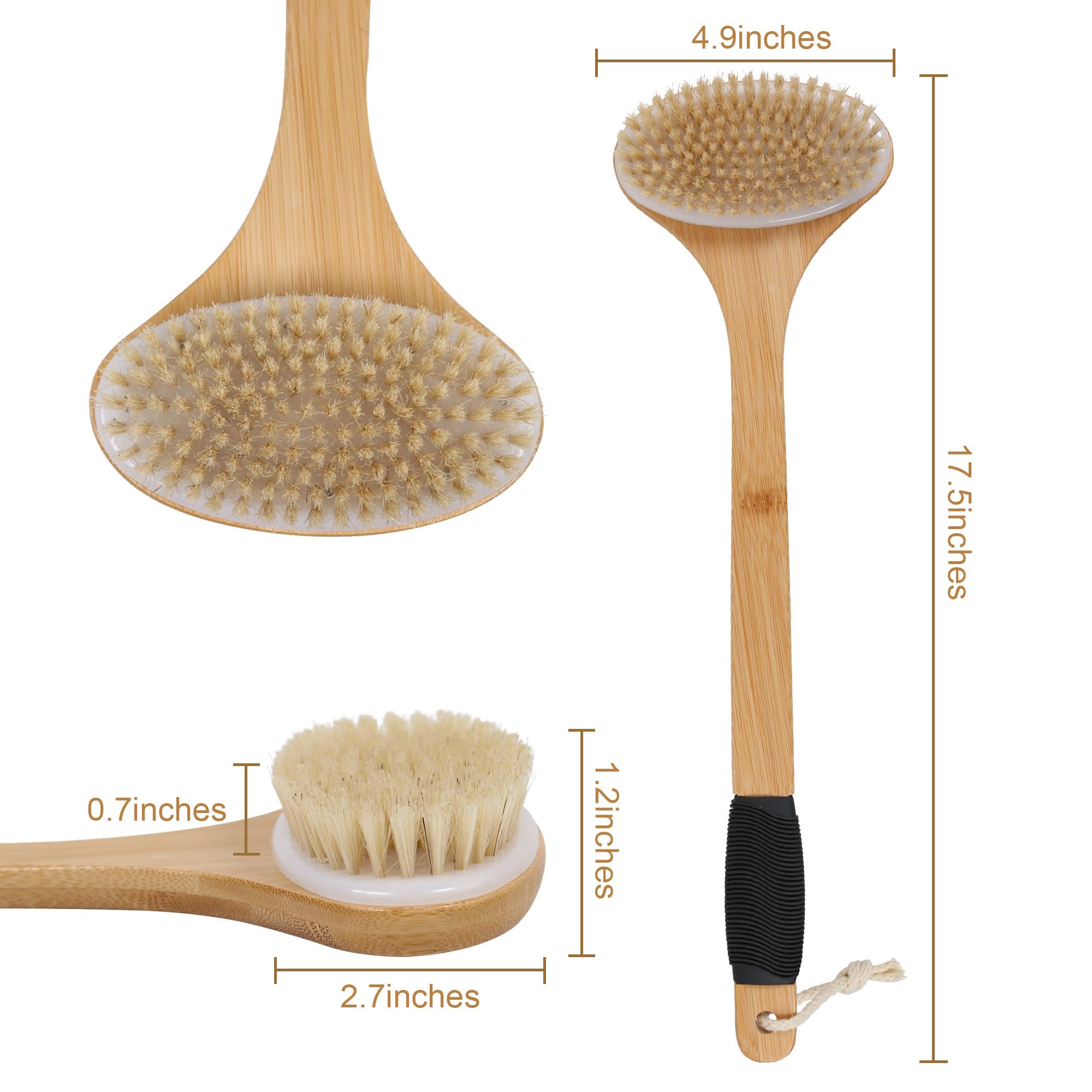 OWIIZI Back Scrub Brush for Shower,Stiff Boar Bristles Bamboo Curved Long Handle Antiskid Body Bath Brush for Back Use Wet or Dry,Deep Cleanse Large Surface Back Scrubber