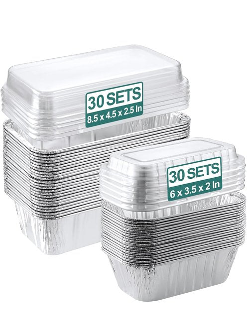 NEEBAKE 60 Pack Disposable Aluminum Loaf Pans with Lids Combo Set - 30 Pack 8.5x4.5x2.5 Foil Loaf Pans & 30 Pack 6x3.5x2 Mini Tin Foil Baking Pans Tin Trays Food Containers for Baking Cakes Bread Meat