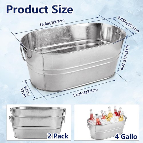 MIVIDE 2 Pack 3.3 Gallon Galvanized Tub Ice Bucket Metal Champagne Drink Bucket with Handles Galvanized Ice Buckets for Parties Mimosa Bar Cocktail Bar Cooling Supplies
