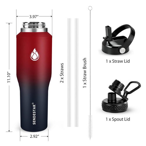 SENDESTAR 40oz Water Bottle Wide Mouth Stainless Steel Vacuum Insulated Double Wall with Straw Lids Fit in Any Car Cup Holder