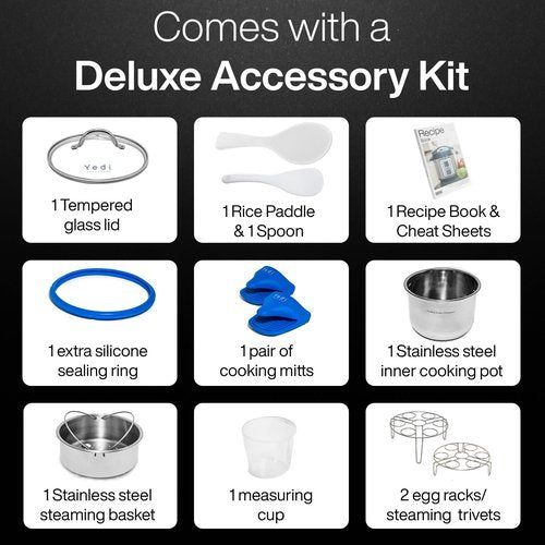 Yedi Houseware Total Package Pressure Cooker- 9-in-1 Digital Screen with Endless Recipes and Deluxe Accessory Kit Stainless Steel 6 Litres