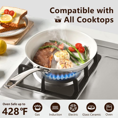 SAKAMOSH 9.5" Tri-Ply Stainless Steel Frying Pan, Nonstick Ceramic Pan, Skillet with Stay-Cool Handle, Non Toxic, PFAS PFOA PTFE Free, Dishwasher & Oven Safe, Induction, Compatible with All Cooktops