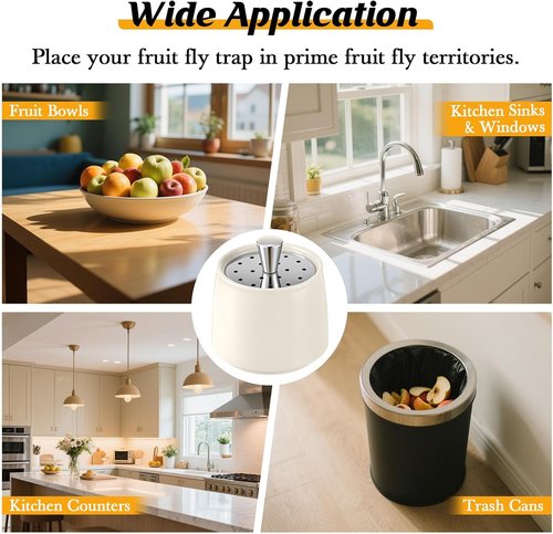 Ceramic Fruit Fly Trap - Reusable Indoor Kitchen Catcher with Stainless Steel Vent Lid | Safe Vinegar Bait (White, 1 Pack)