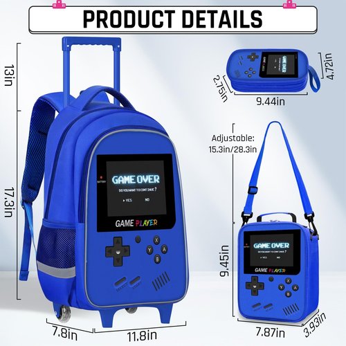 ZHIMEBYE Kids Rolling Backpack for Boys - 3PCS Gamer Boys Rolling Backpack with Lunch Bag Set, Elementary Middle School Roller Bookbag with Adjustable Handle for Travel & School