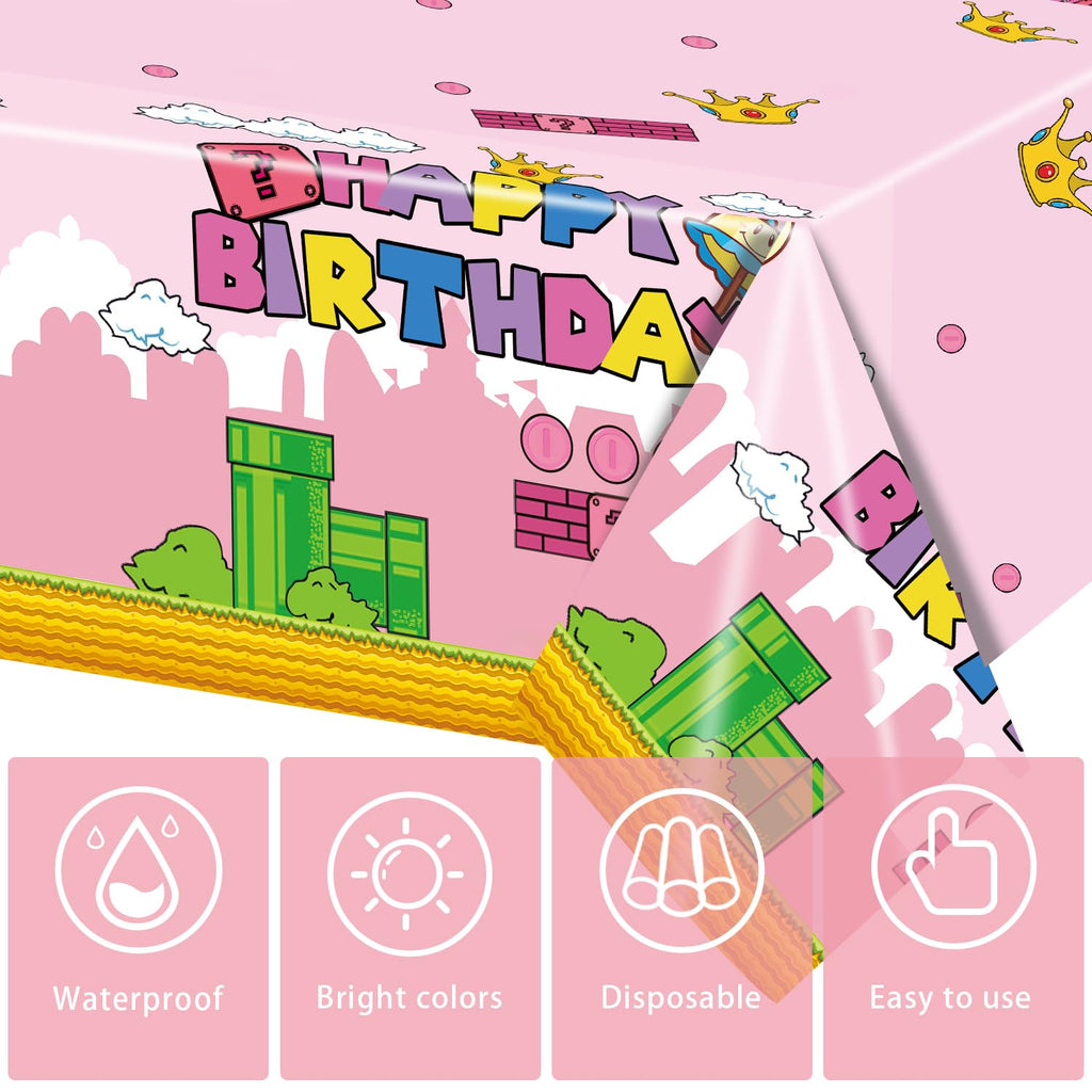 USERTEN 2Pcs Super Brothers Adventure Party Tablecloths 108 x 54 inches Video Game Theme Plastic Table Cloth Fits for Princess Peach Girl Birthday Party Decoration Pink Disposable Tablecover Supplies