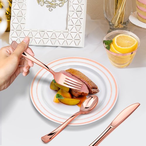 150PCS Rose Gold Plastic Plates Set for 25 Guests, Disposable Dinnerware Set of 25 Dessert Plates, 25 Cups & Champagne Flutes Cups, 25 Spoons, Forks & 25 Knives for Birthday, Wedding & Party Supplies