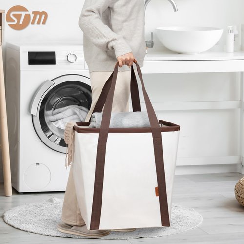 STORAGE MANIAC Collapsible Laundry Caddy, 128L (34 Gal) Large Collapsible Laundry Basket with Sturdy Metal Wire Frame, Long Carry Handles - Space-Saving, Foldable Laundry hamper, 2 Pack Beige