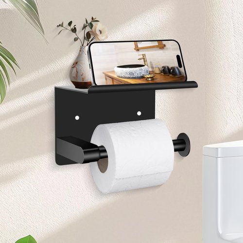 Bijotun Toilet Paper Holder with Shelf, Black - Compact for Small Bathroom, RV, Office, Easy 1 Min Installation, Rustproof Stainless Steel
