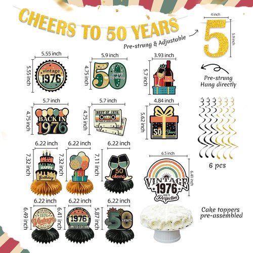 47Pcs 50th Birthday Decorations for Men Women, PRE-STRUNG Vintage 1976 Banner Party Supplies,Back in 1976 Backdrop,Cake Topper,Balloons,6 Table Centerpieces,Hanging Swirls,Paper Pompoms PRE-ASSEMBLED