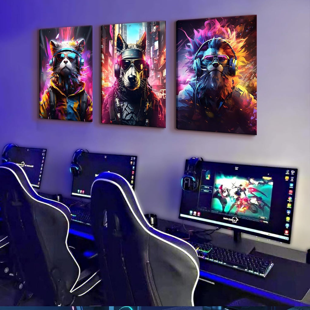 QGNBGBJ Framed Gaming Posters - Colorful Graffiti Animal Wall Art | Watercolor Cat, Dog & Lion Prints (12x16in)