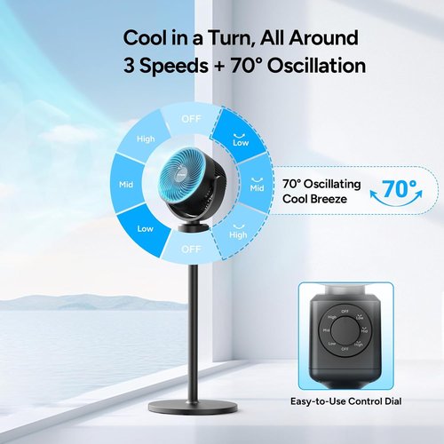 DR.PREPARE Pedestal Fan - Adjustable Height 16-34" Air Circulator with 70° Oscillation & 3 Speeds for Home & Office