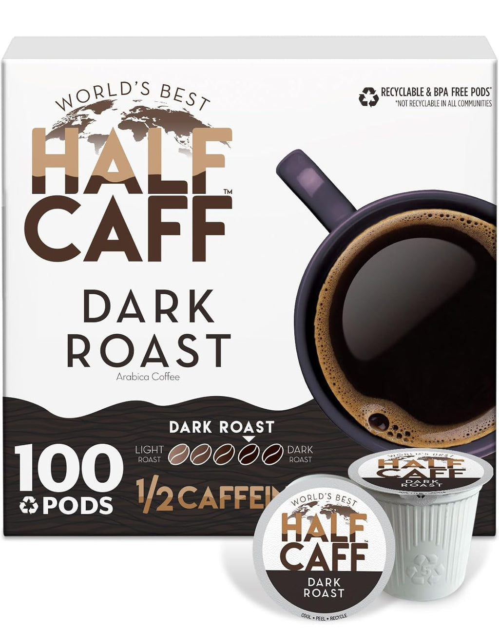 World's Best Half Caff Dark Roast Coffee Pods - 100% Arabica | 100 Single Serve Pods for Keurig