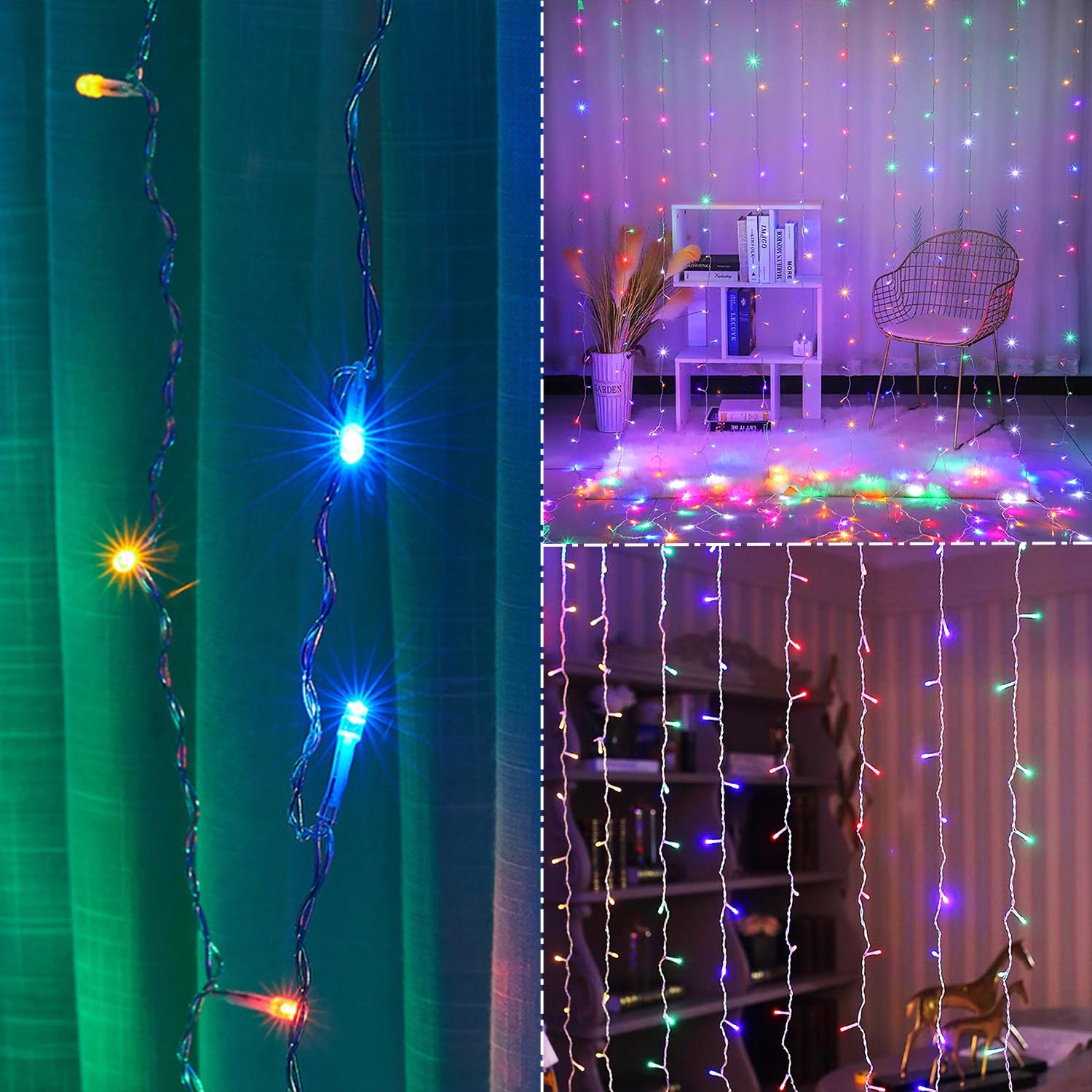 WATERGLIDE 300 LED Curtain Lights, Remote Control Christmas Decorative Hanging String Lights, 8 Lighting Mode, Plug in for Indoor Outdoor Holiday Party Garden Backdrop Wedding Home Decor, Multicolor