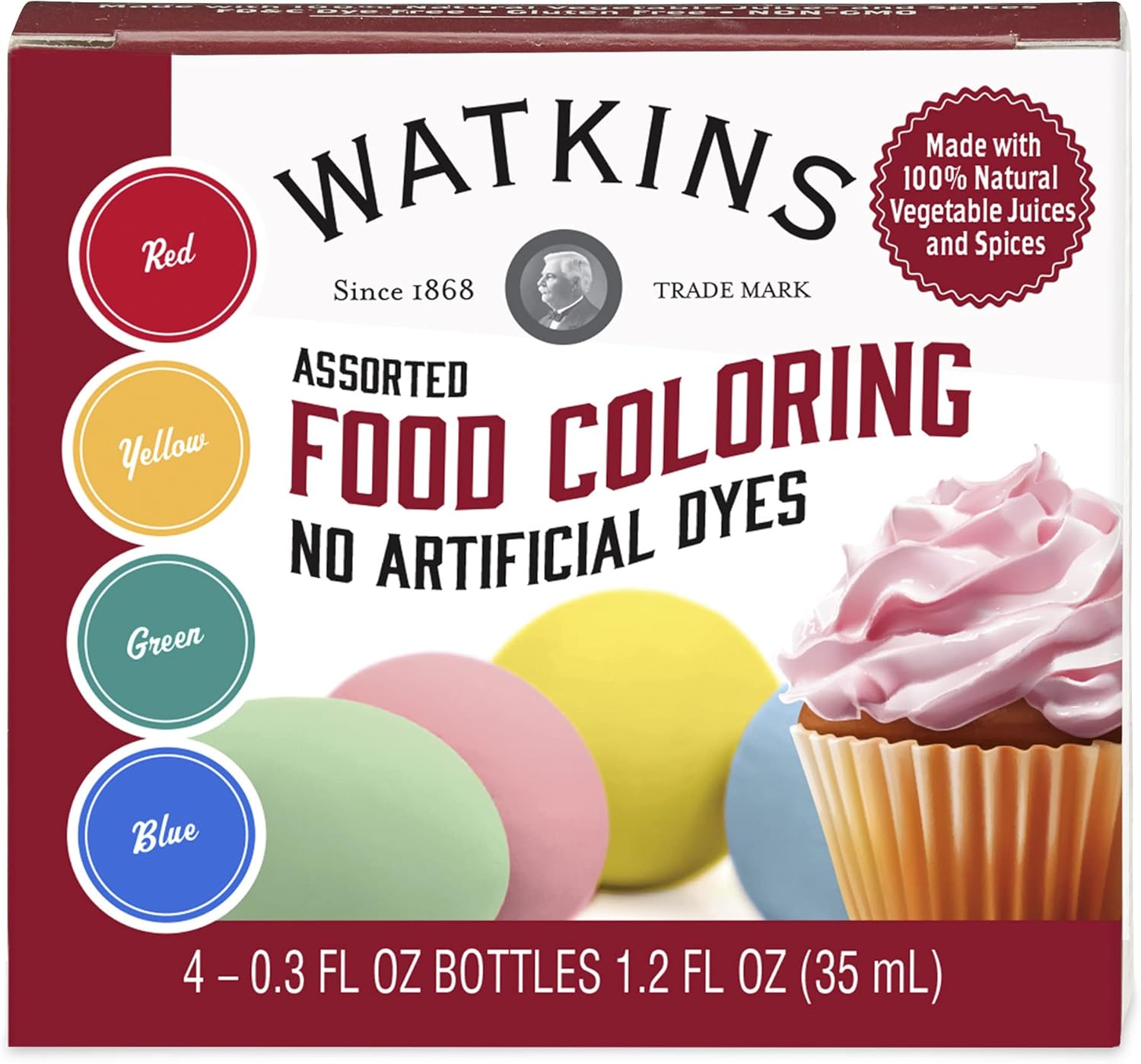 Watkins Food Coloring Set - Assorted Red, Yellow, Green & Blue - 0.3 oz Bottles, 4 Count (Pack of 2)