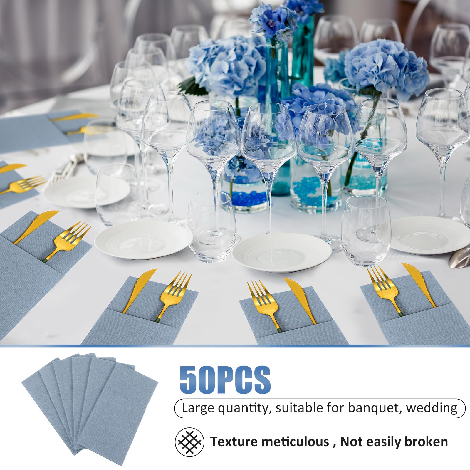 Qilery 150 Pieces Dusty Blue Linen Feel Napkins, Disposable Paper Napkins Prefolded Dinner Napkin with Built-in Flatware Pocket for Silverware Valentine Wedding Party Decoration