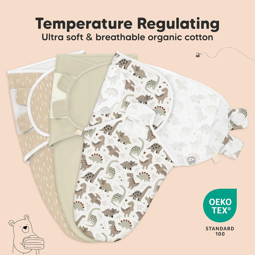 Organic Baby Swaddle Sleep Sacks by 3-Pack | Soft & Snug for Newborns 3-6 Months - Dino Ridge, Large