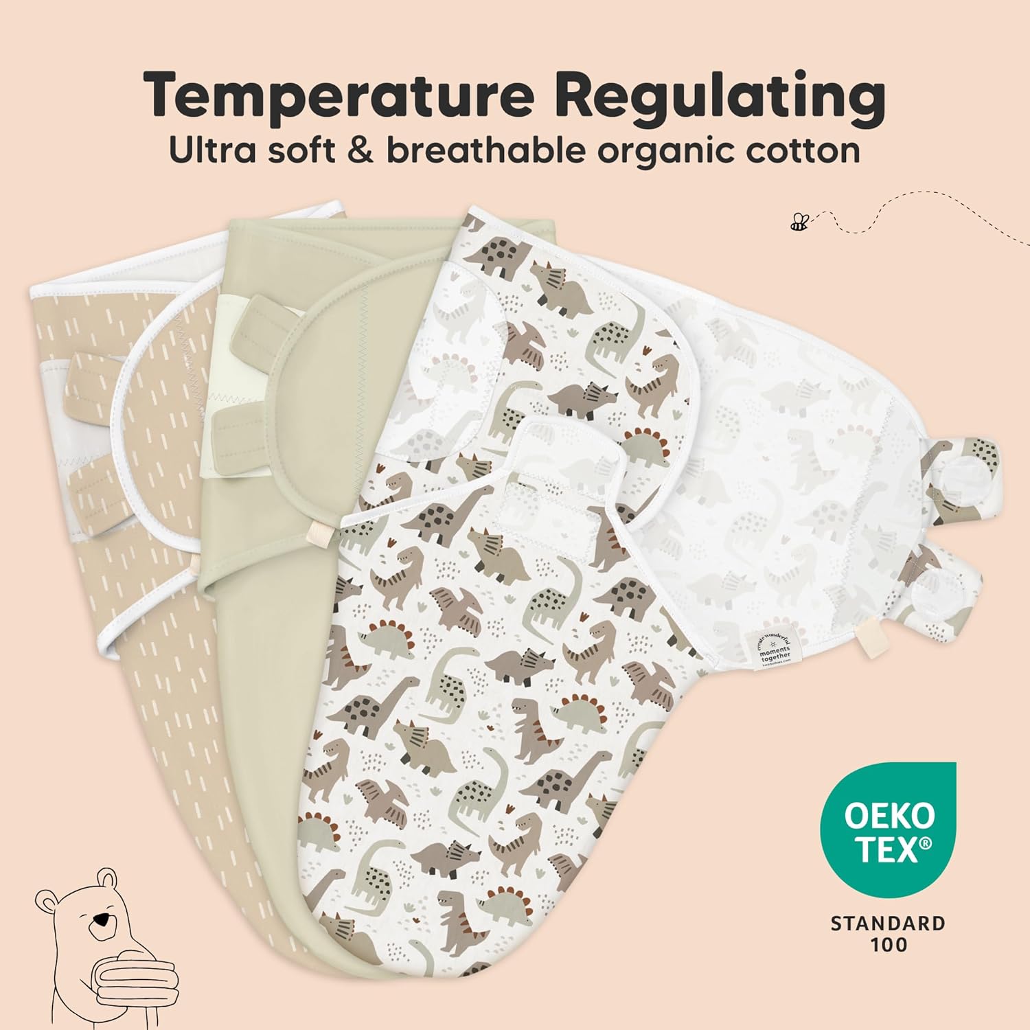 Organic Baby Swaddle Sleep Sacks by 3-Pack | Soft & Snug for Newborns 3-6 Months - Dino Ridge, Large