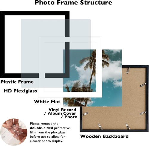 JCJMY Vinyl Record Frame - 12.5x12.5 with 10x10 Mat for Album Covers | Wall Hanging, Black Plexiglass