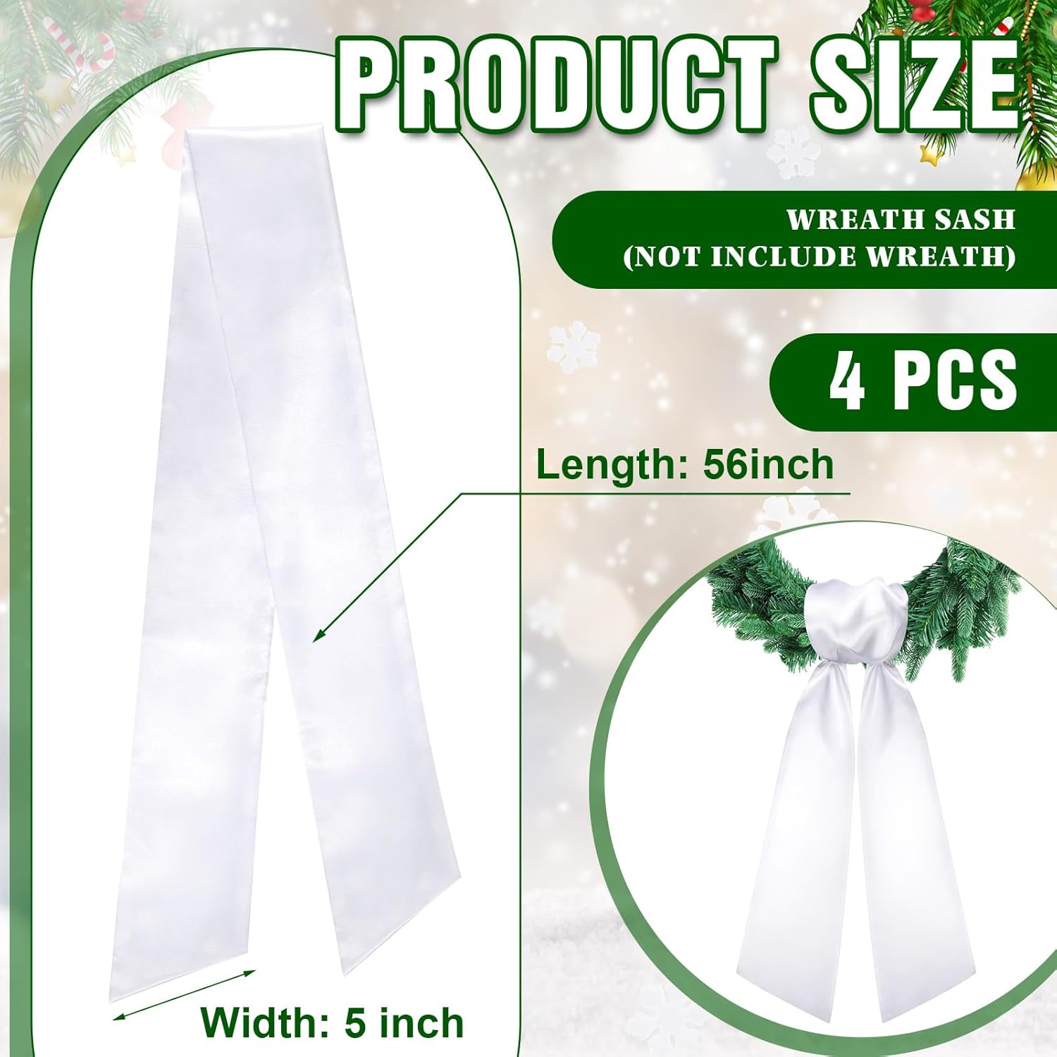Skiennix 4 PCS White Satin Wreath Sashes - Blank Embroidery Accessories for Weddings & Holidays