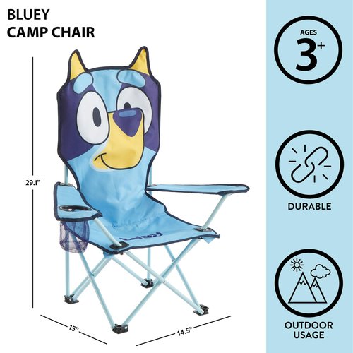 Bluey Kids Folding Camp Chair, Portable Outdoor/Indoor Chair with Carry Bag, Cup Holder, High Back, Lightweight & Durable for Ages 3+