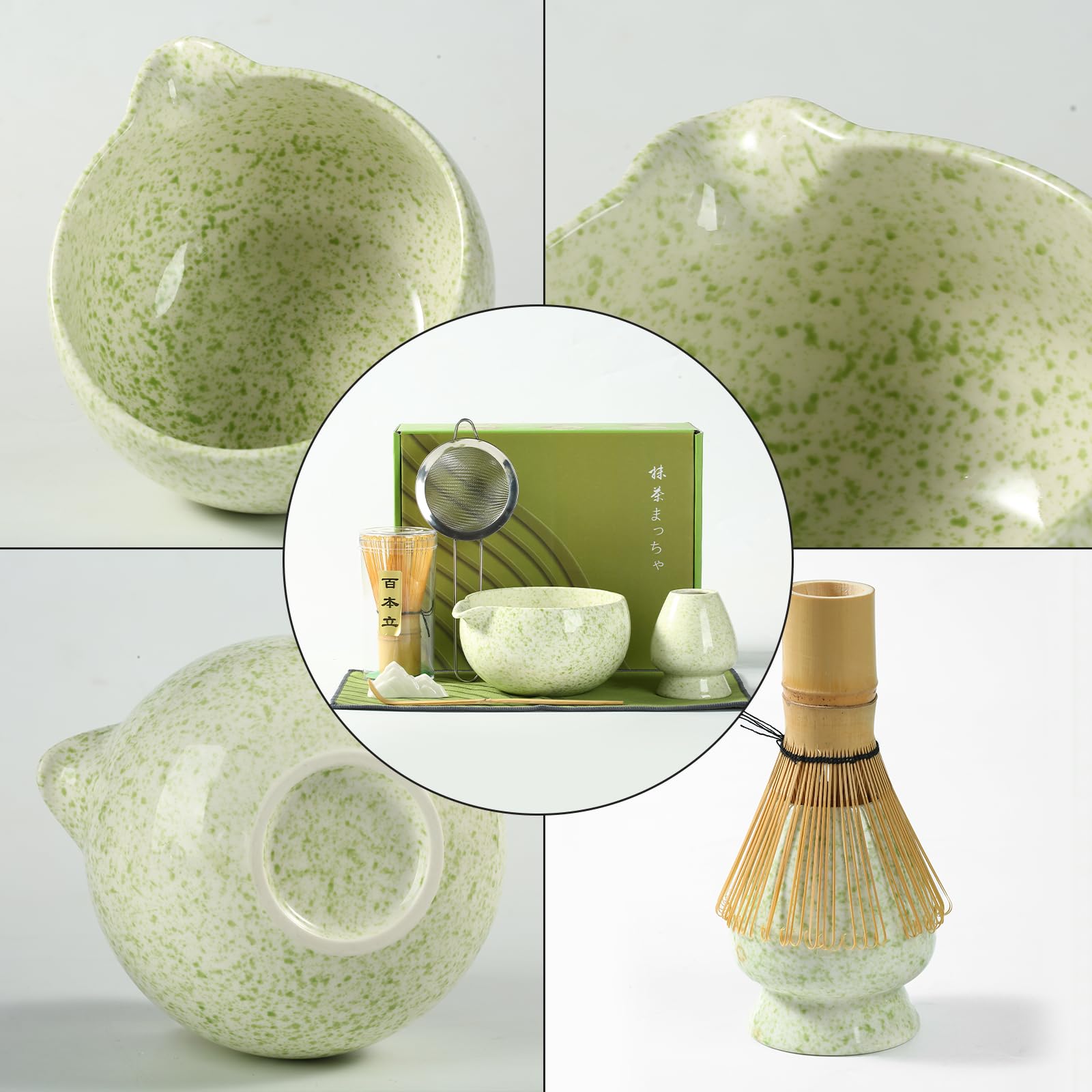 Coolpei Matcha Whisk Set, Ceramic Matcha Bowl with Spout, Bamboo Whisk, Scoop, Holder, Sifter, Tea Towel, 7-Piece Artisan Wave Matcha Kit Set for Making Breakfast/Latte, Round Green, Large