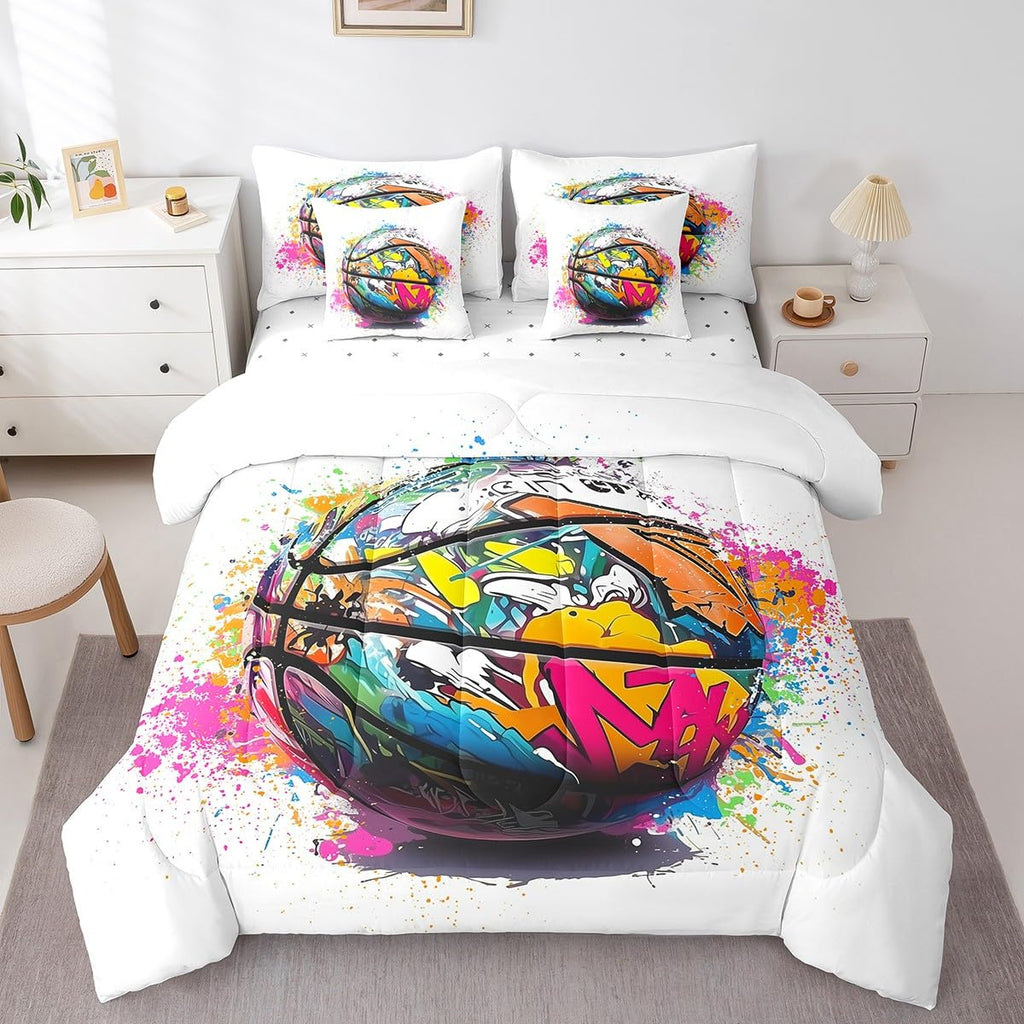 Feelyou Basketball Kids Comforter Set 7pcs, Sports Bed Set Queen for Boys Girl, Basketball Bedding with 1 Comforter,1 Fitted Sheet,1 Flat Sheet,2 Pillowcases,2 Throw Pillow Cover