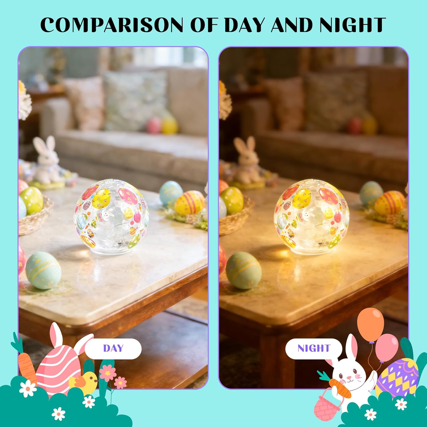Skiennix Easter Glass Ball Lights - 2PCS 3.93'' LED Bunny Egg Decorations | Battery Operated Tabletop Lamps